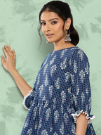 Janasya Women's Blue Cotton Floral Printed Peplum Casual Top Set | Grocsy