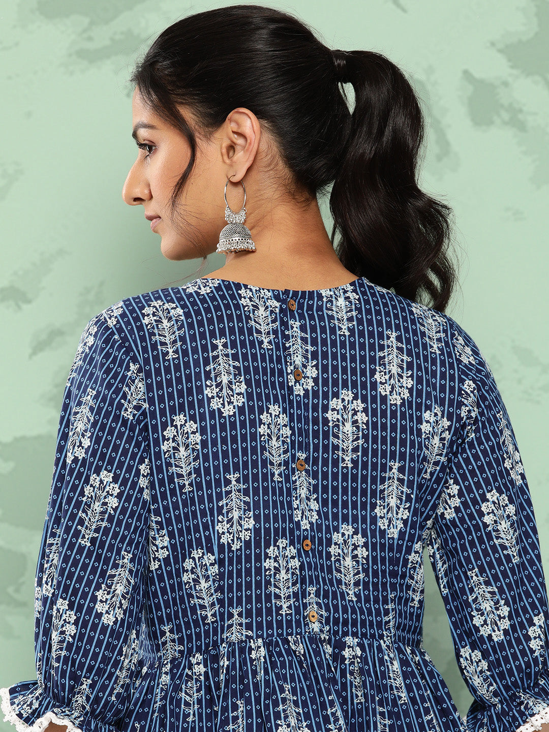 Janasya Women's Blue Cotton Floral Printed Peplum Casual Top Set | Grocsy