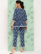 Janasya Women's Blue Cotton Floral Printed Peplum Casual Top Set | Grocsy
