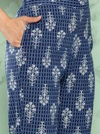 Janasya Women's Blue Cotton Floral Printed Peplum Casual Top Set | Grocsy