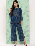 Janasya Women's Blue Cotton Floral Printed Gathered Casual Top Set | Grocsy