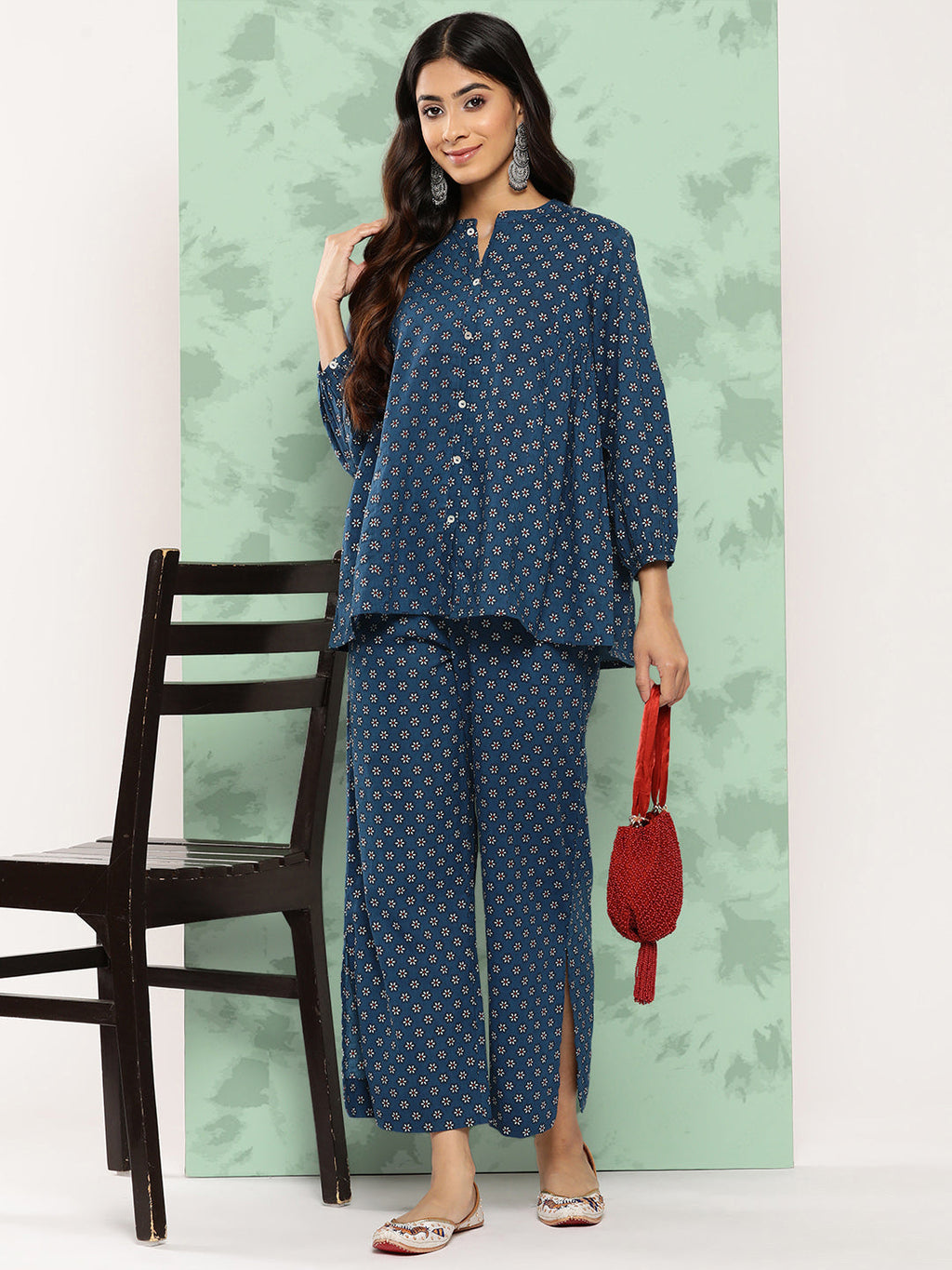 Janasya Women's Blue Cotton Floral Printed Gathered Casual Top Set | Grocsy