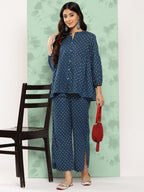 Janasya Women's Blue Cotton Floral Printed Gathered Casual Top Set | Grocsy