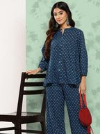Janasya Women's Blue Cotton Floral Printed Gathered Casual Top Set | Grocsy
