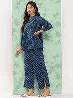 Janasya Women's Blue Cotton Floral Printed Gathered Casual Top Set | Grocsy