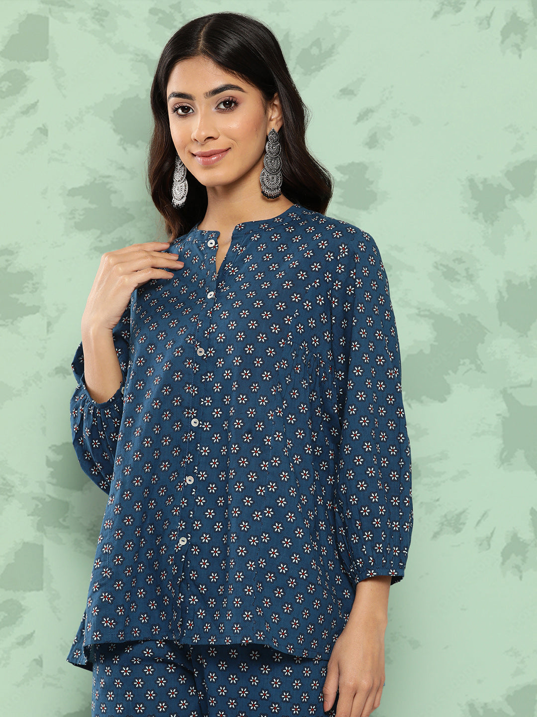 Janasya Women's Blue Cotton Floral Printed Gathered Casual Top Set | Grocsy