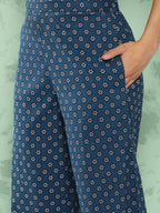 Janasya Women's Blue Cotton Floral Printed Gathered Casual Top Set | Grocsy