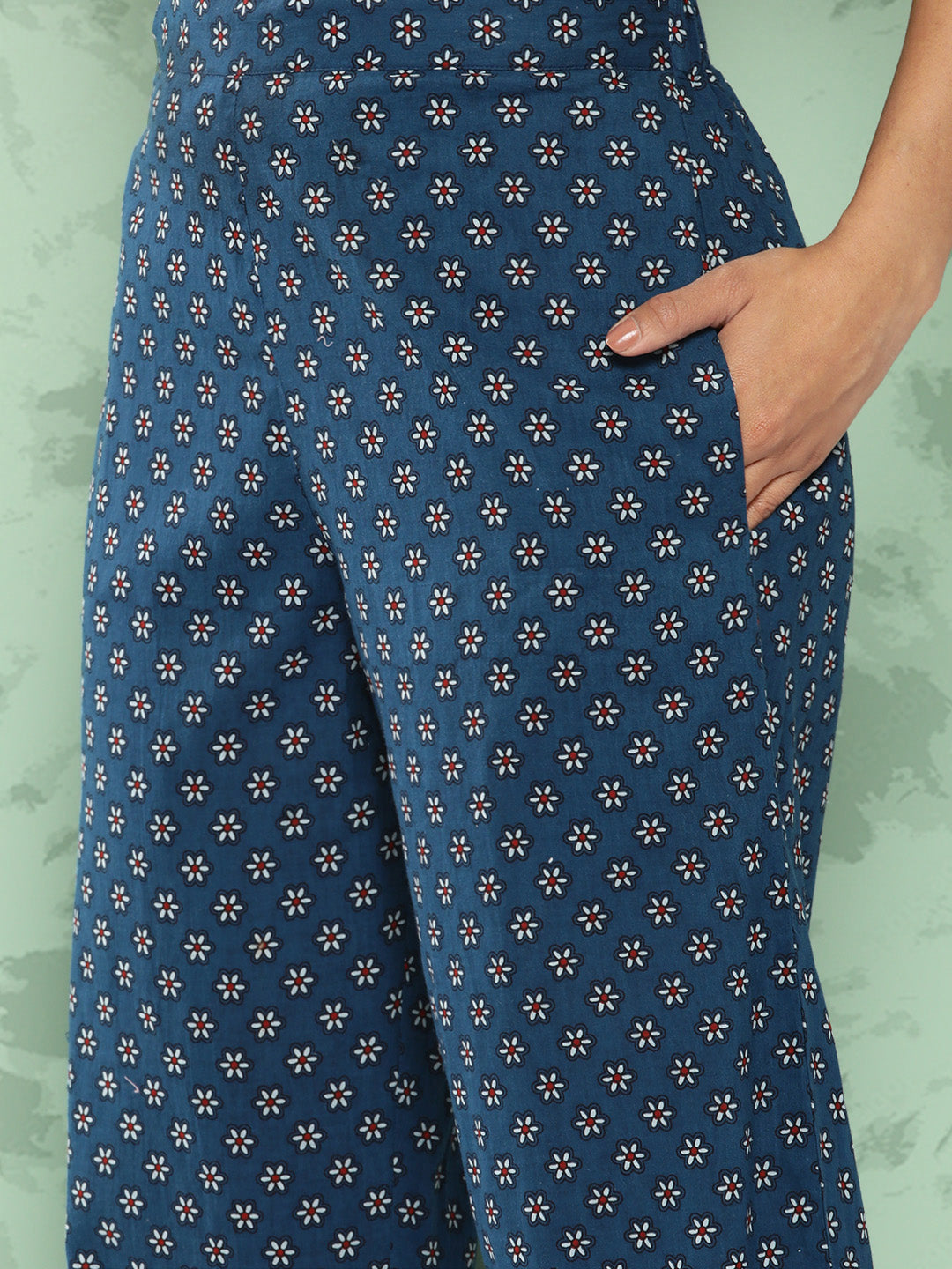 Janasya Women's Blue Cotton Floral Printed Gathered Casual Top Set | Grocsy
