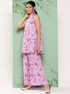 Janasya Women's Lavender Crepe Digital Printed A-line Casual Top Set | Grocsy