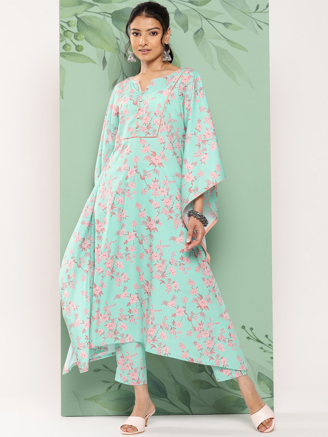 Janasya Women's Sea Green Crepe Digital Printed Kaftan Casual Kaftan Set | Grocsy