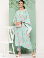 Janasya Women's Sea Green Crepe Digital Printed Kaftan Casual Kaftan Set | Grocsy