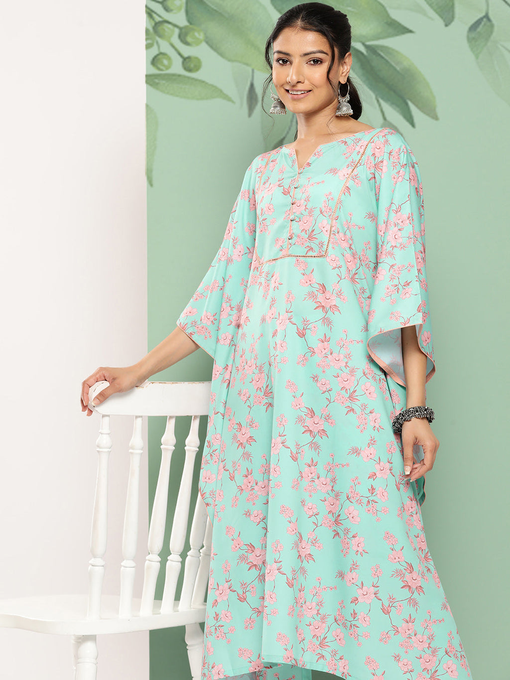 Janasya Women's Sea Green Crepe Digital Printed Kaftan Casual Kaftan Set | Grocsy