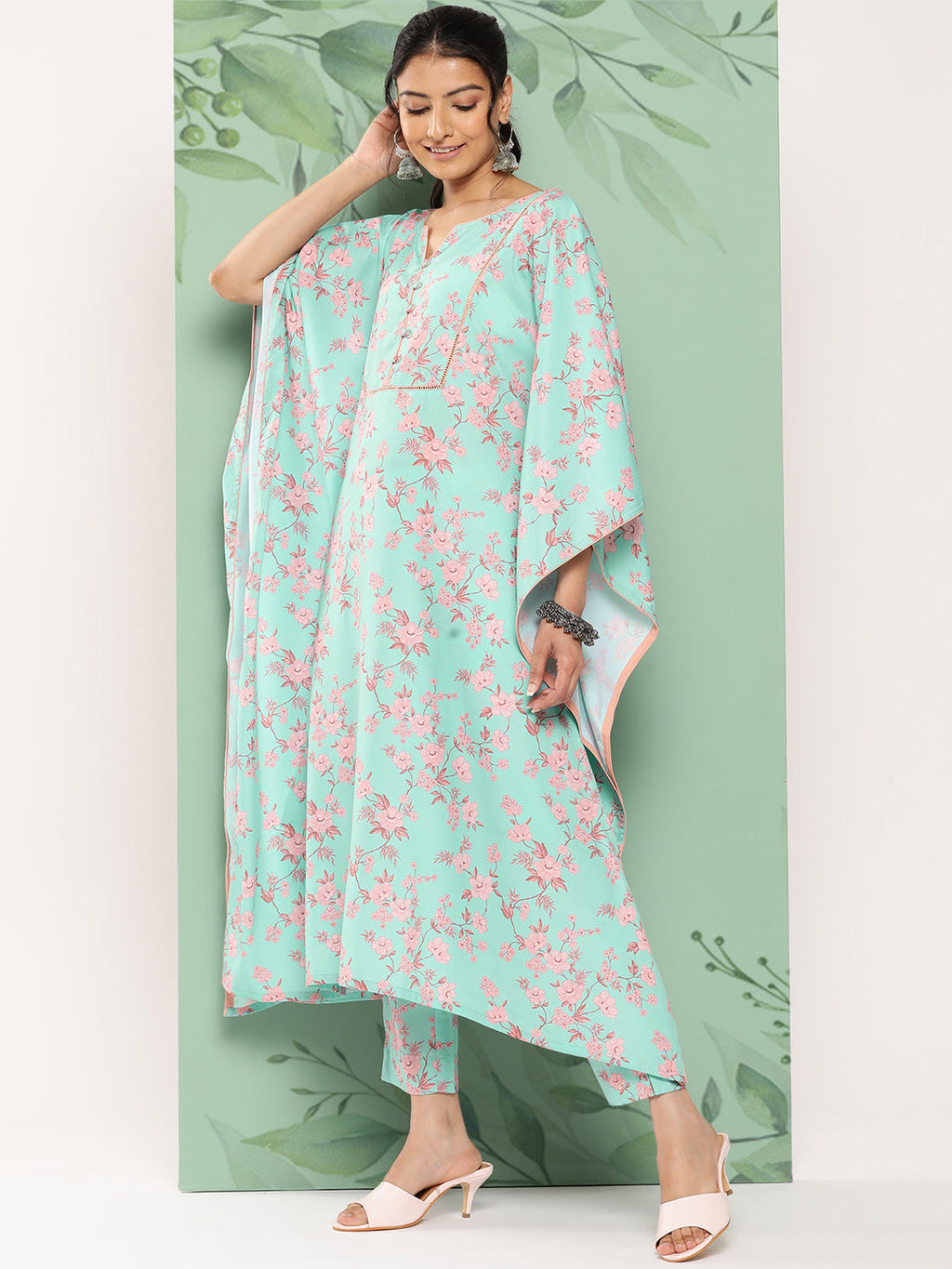 Janasya Women's Sea Green Crepe Digital Printed Kaftan Casual Kaftan Set | Grocsy