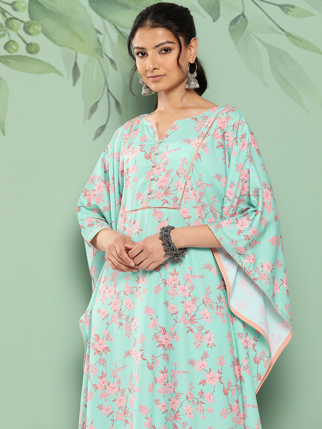 Janasya Women's Sea Green Crepe Digital Printed Kaftan Casual Kaftan Set | Grocsy