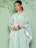 Janasya Women's Sea Green Crepe Digital Printed Kaftan Casual Kaftan Set | Grocsy