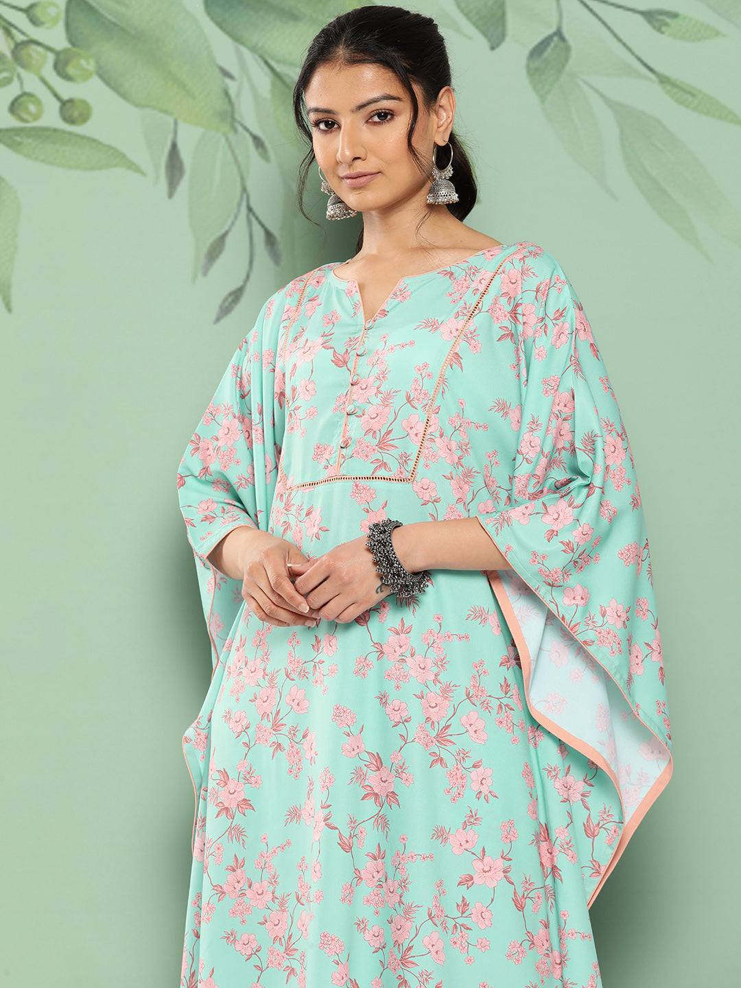 Janasya Women's Sea Green Crepe Digital Printed Kaftan Casual Kaftan Set | Grocsy