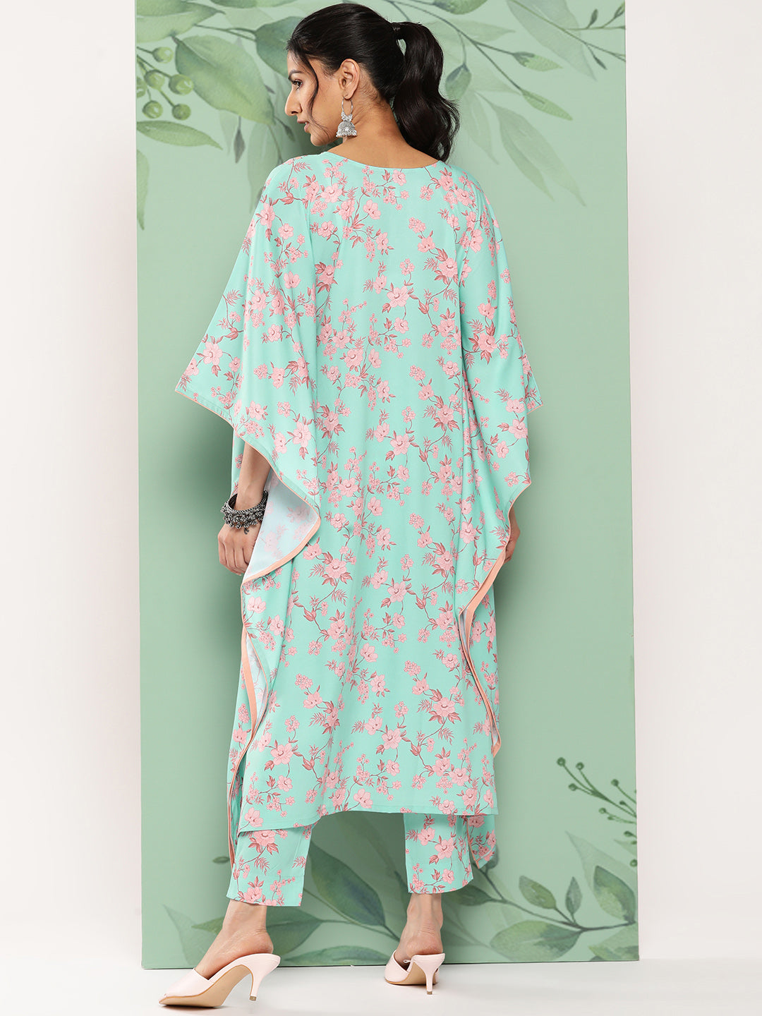 Janasya Women's Sea Green Crepe Digital Printed Kaftan Casual Kaftan Set | Grocsy
