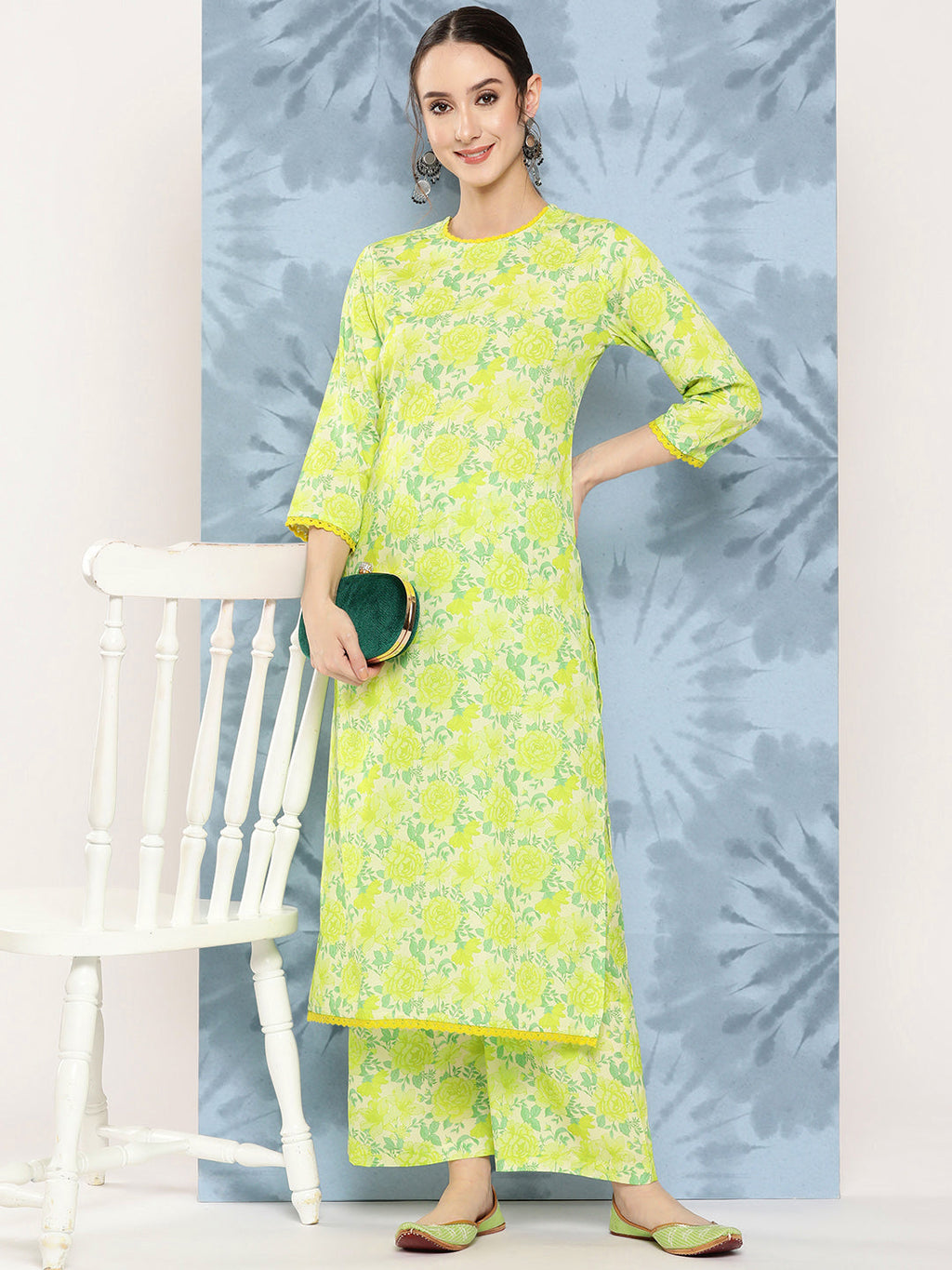 Janasya Women's Lemon Green Crepe Digital Printed Straight Casual Kurta Set | Grocsy