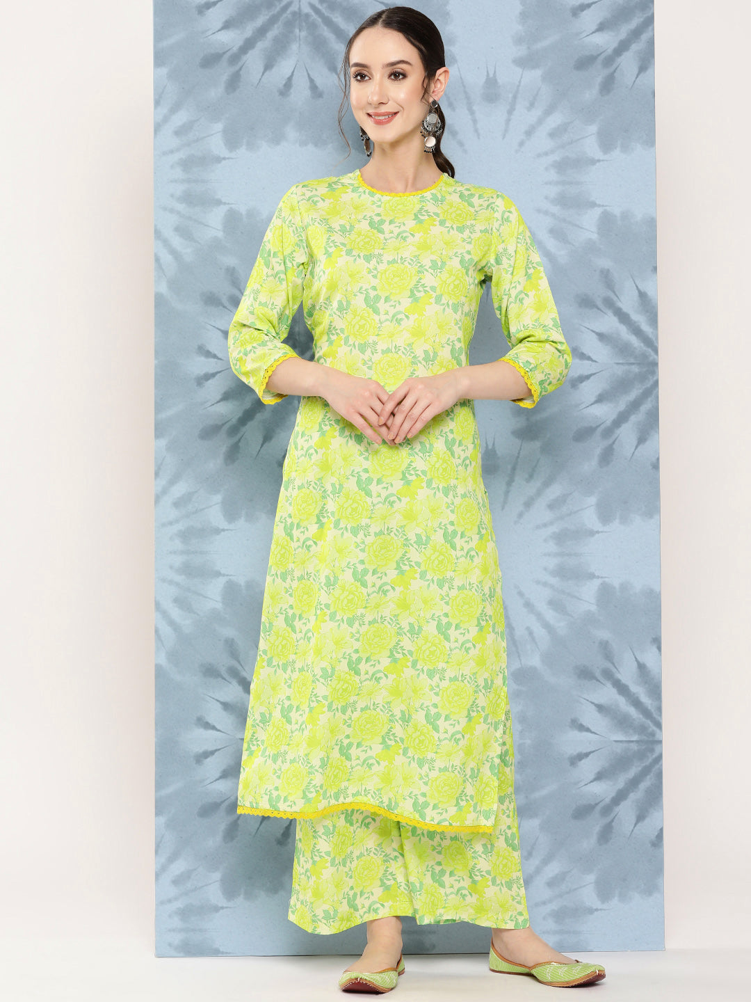 Janasya Women's Lemon Green Crepe Digital Printed Straight Casual Kurta Set | Grocsy