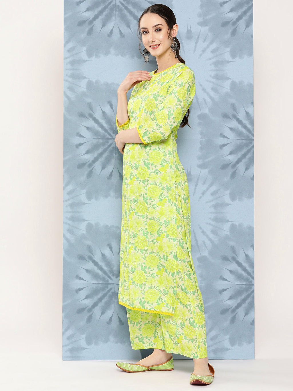 Janasya Women's Lemon Green Crepe Digital Printed Straight Casual Kurta Set | Grocsy