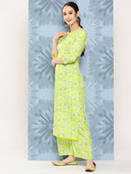 Janasya Women's Lemon Green Crepe Digital Printed Straight Casual Kurta Set | Grocsy