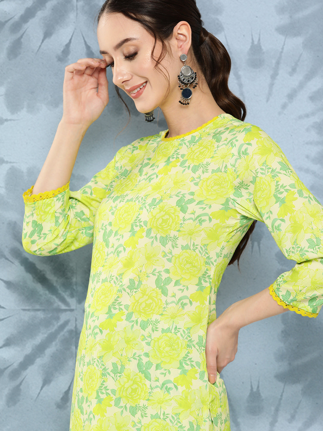 Janasya Women's Lemon Green Crepe Digital Printed Straight Casual Kurta Set | Grocsy