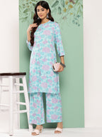 Janasya Women's Sky Blue Crepe Digital Printed Straight Casual Kurta Set | Grocsy