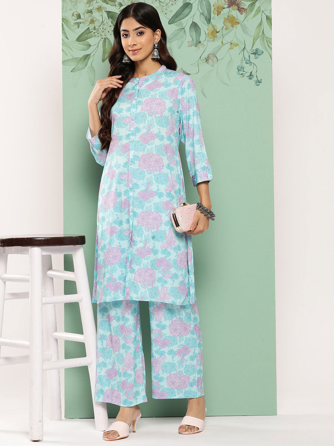 Janasya Women's Sky Blue Crepe Digital Printed Straight Casual Kurta Set | Grocsy