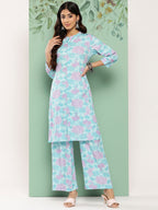 Janasya Women's Sky Blue Crepe Digital Printed Straight Casual Kurta Set | Grocsy