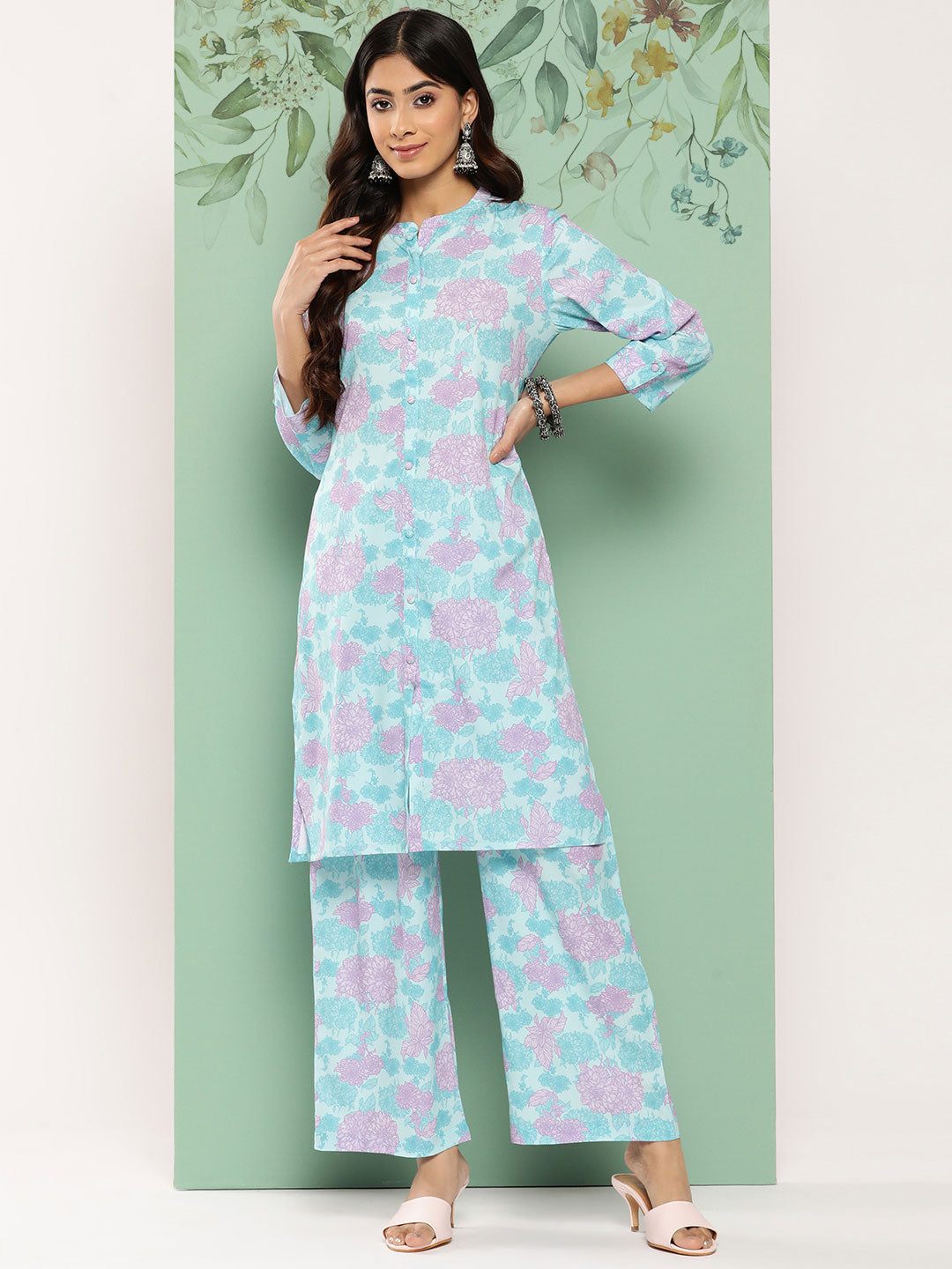 Janasya Women's Sky Blue Crepe Digital Printed Straight Casual Kurta Set | Grocsy