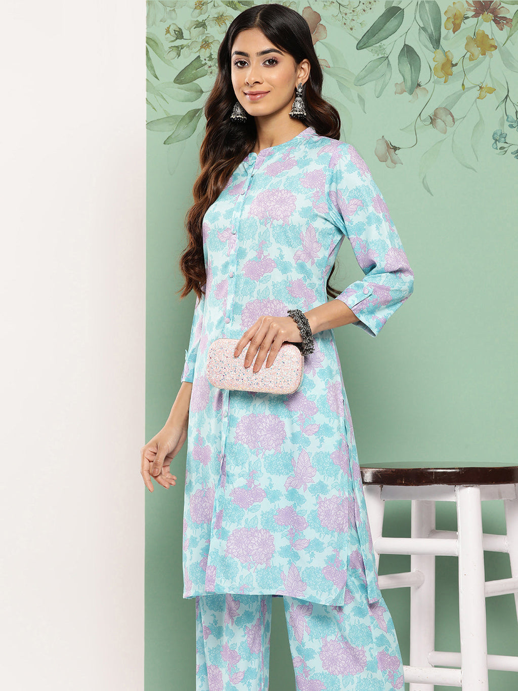 Janasya Women's Sky Blue Crepe Digital Printed Straight Casual Kurta Set | Grocsy