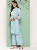 Janasya Women's Sky Blue Crepe Digital Printed Straight Casual Kurta Set | Grocsy