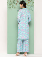 Janasya Women's Sky Blue Crepe Digital Printed Straight Casual Kurta Set | Grocsy