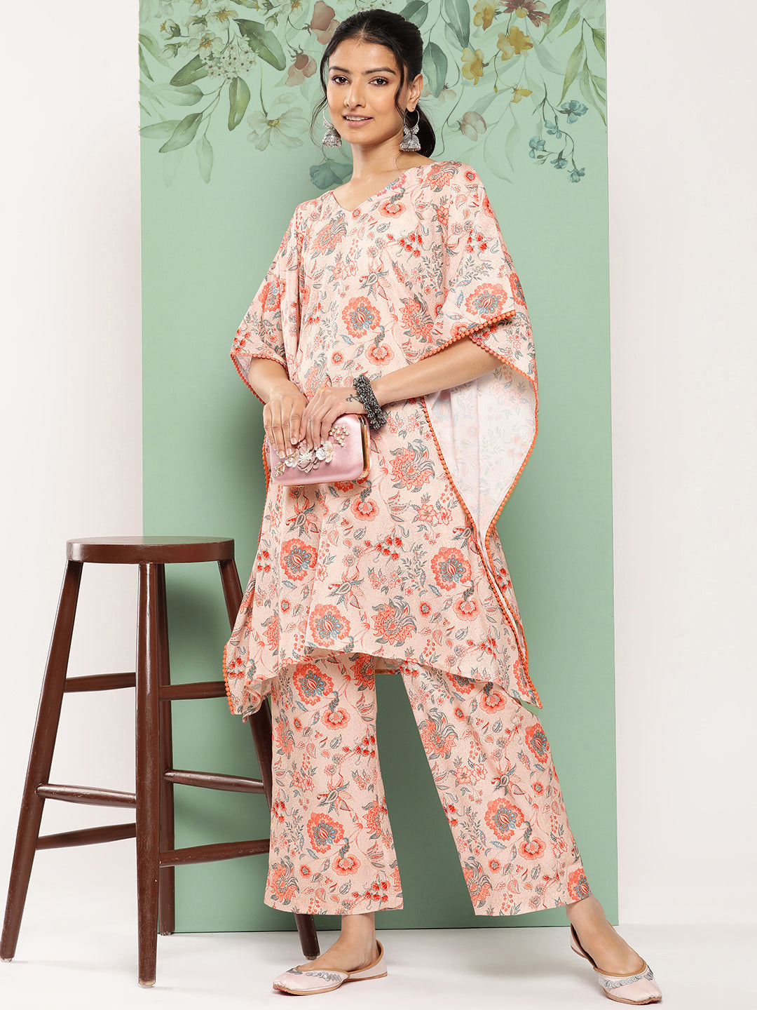Janasya Women's Peach Crepe Digital Printed Kaftan Casual Kaftan Set | Grocsy