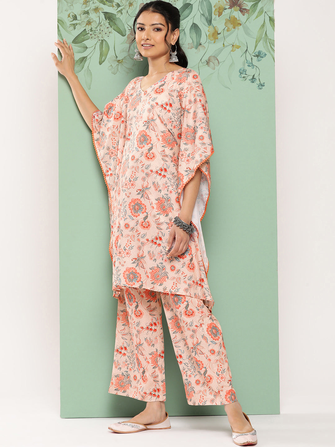 Janasya Women's Peach Crepe Digital Printed Kaftan Casual Kaftan Set | Grocsy