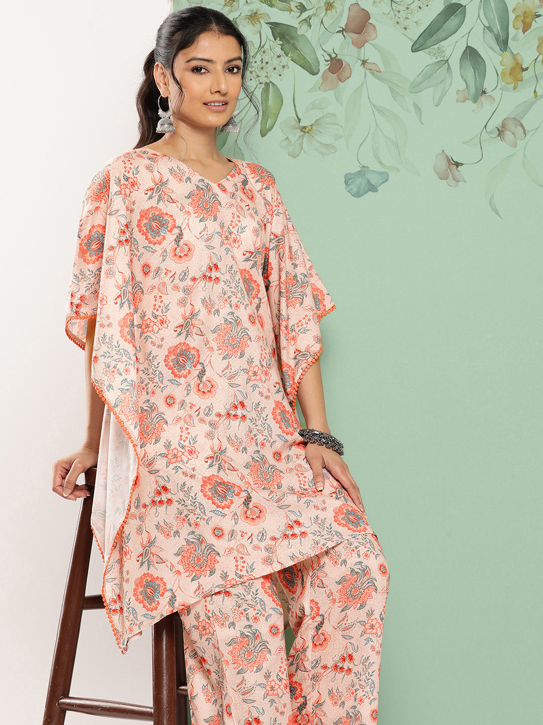 Janasya Women's Peach Crepe Digital Printed Kaftan Casual Kaftan Set | Grocsy
