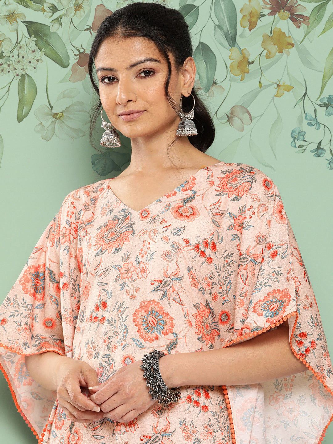 Janasya Women's Peach Crepe Digital Printed Kaftan Casual Kaftan Set | Grocsy