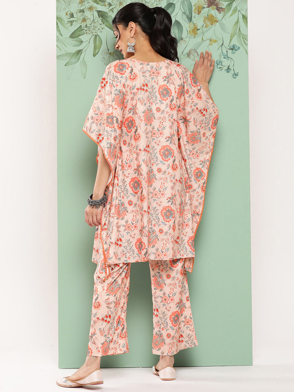 Janasya Women's Peach Crepe Digital Printed Kaftan Casual Kaftan Set | Grocsy