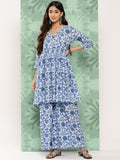 Janasya Women's Light Blue Cotton Botanical Printed Flared Party Tunic Set | Grocsy