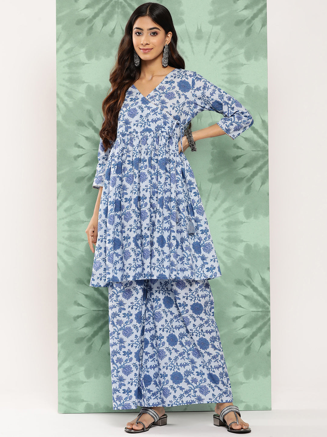 Janasya Women's Light Blue Cotton Botanical Printed Flared Party Tunic Set | Grocsy