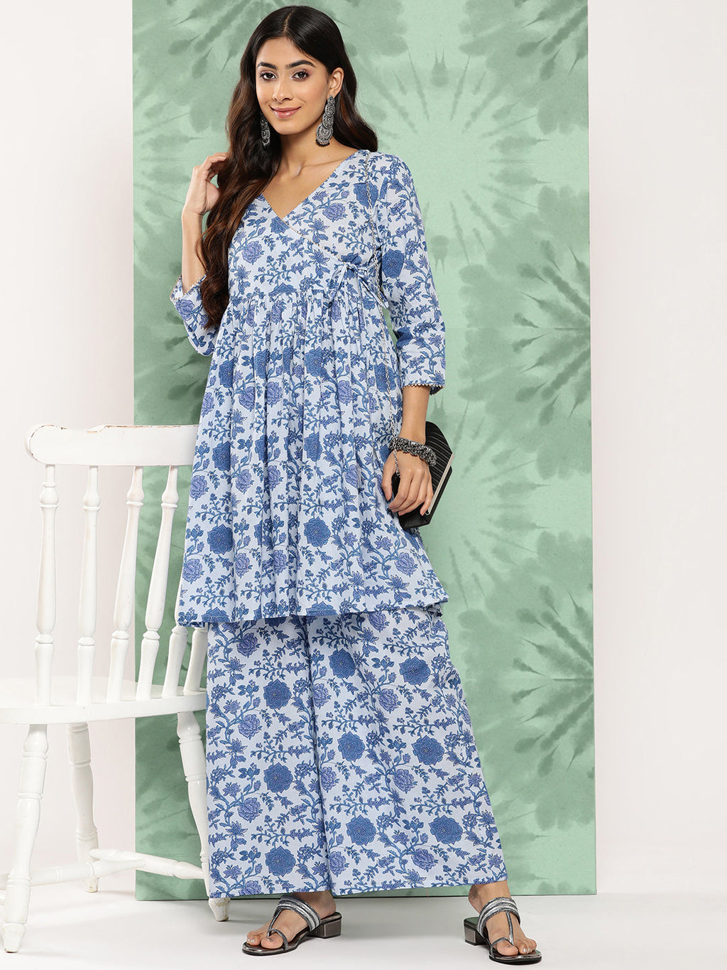 Janasya Women's Light Blue Cotton Botanical Printed Flared Party Tunic Set | Grocsy