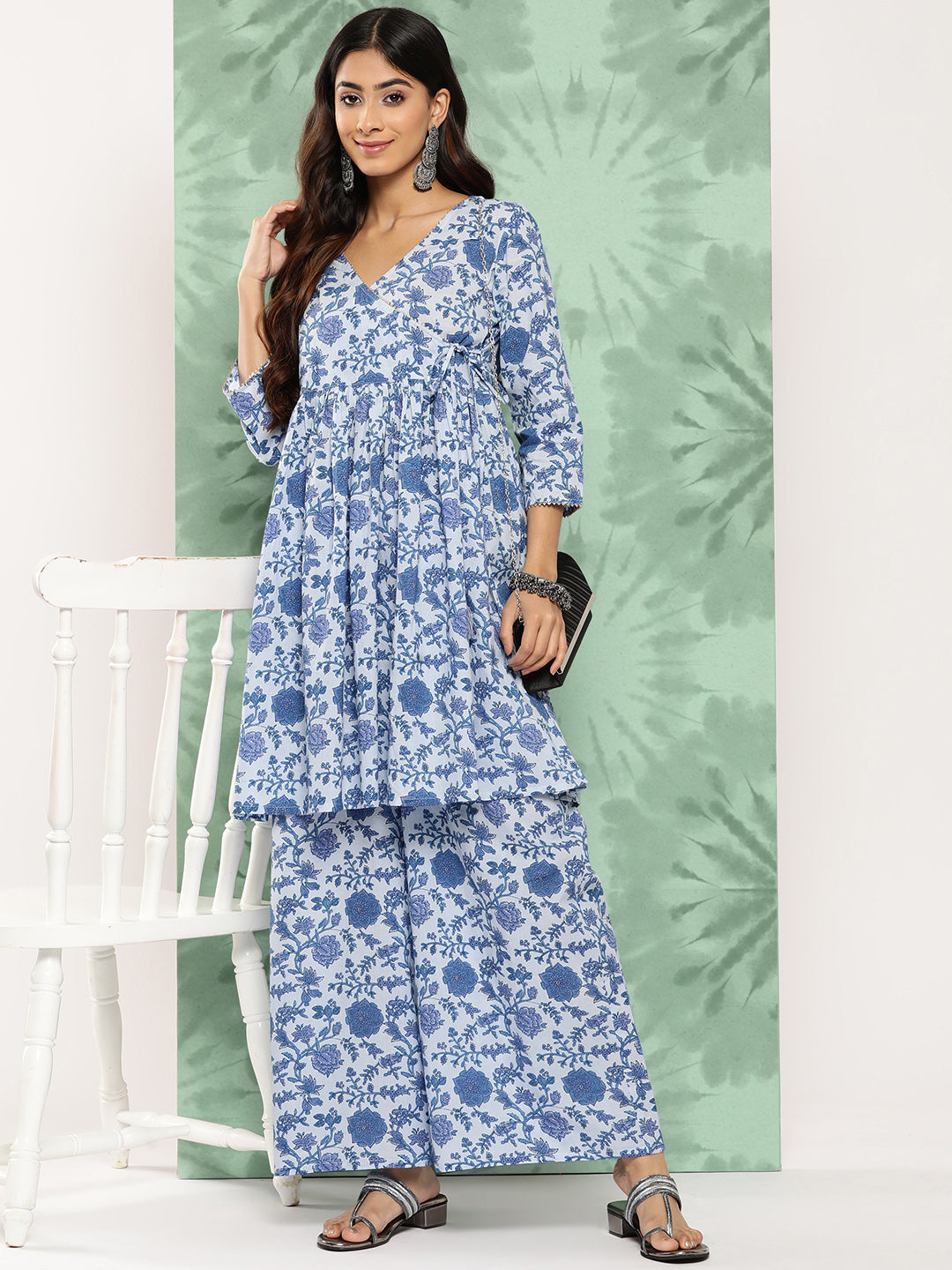 Janasya Women's Light Blue Cotton Botanical Printed Flared Party Tunic Set | Grocsy
