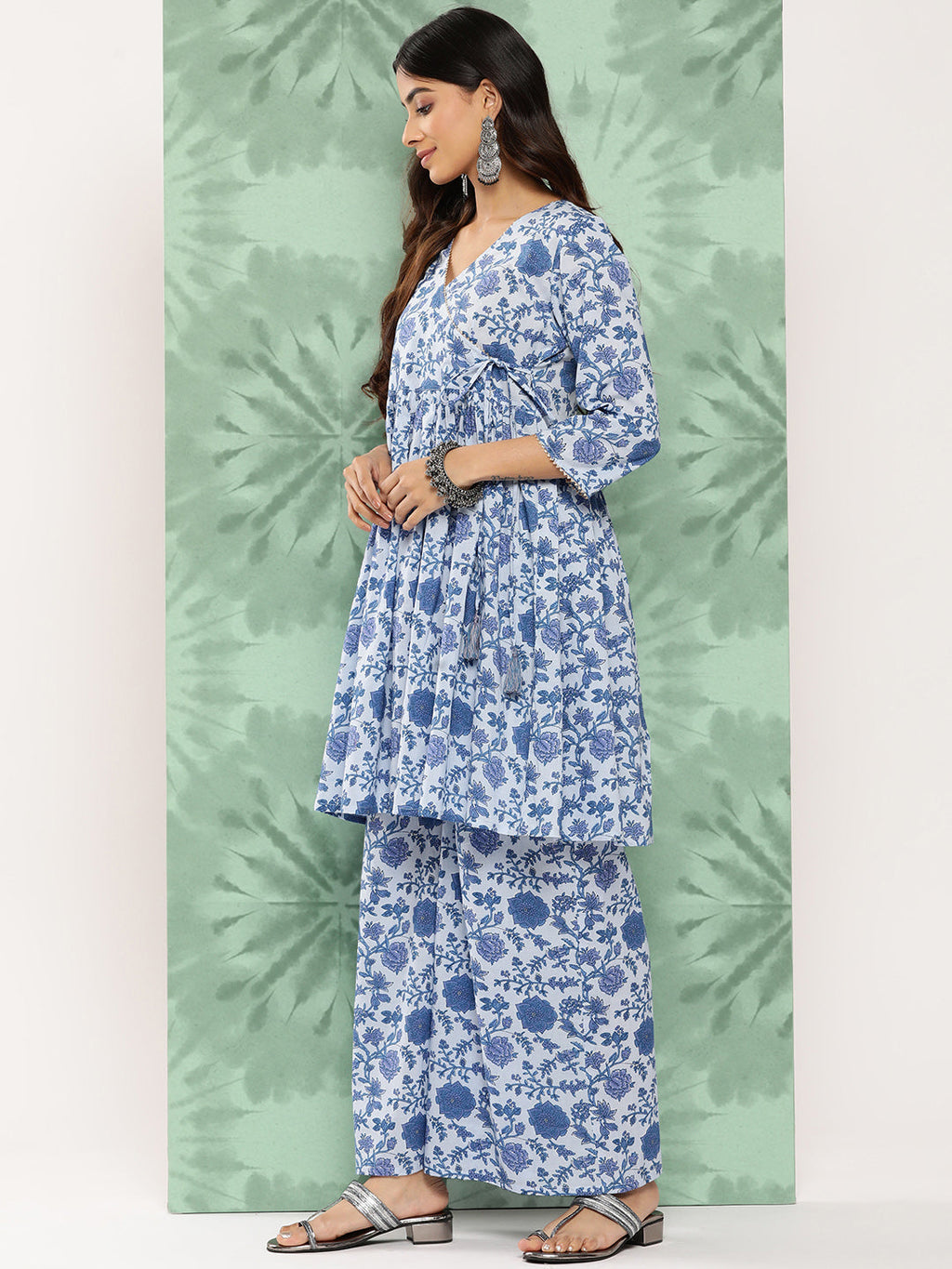 Janasya Women's Light Blue Cotton Botanical Printed Flared Party Tunic Set | Grocsy