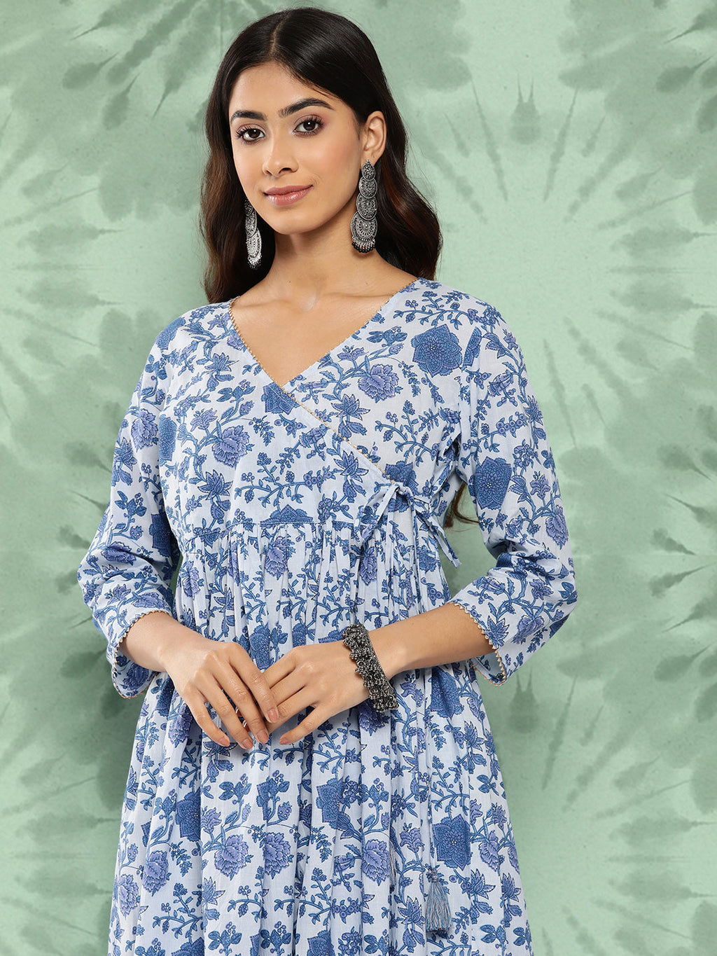 Janasya Women's Light Blue Cotton Botanical Printed Flared Party Tunic Set | Grocsy