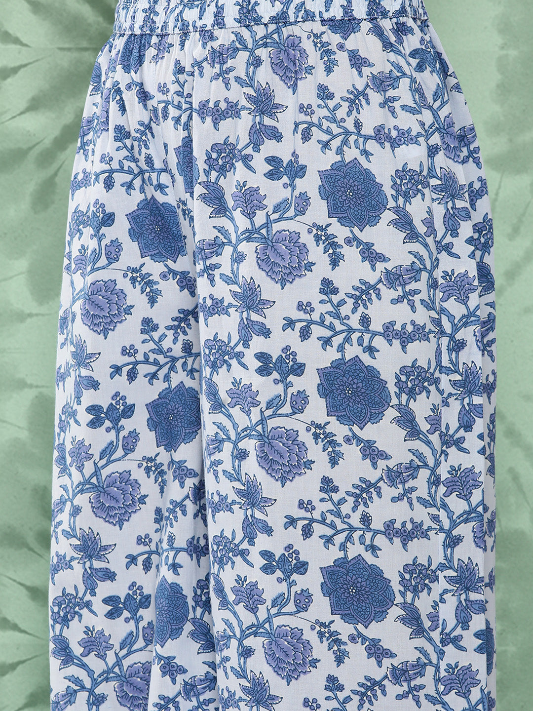 Janasya Women's Light Blue Cotton Botanical Printed Flared Party Tunic Set | Grocsy