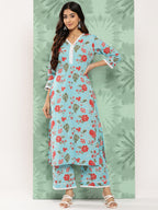 Janasya Women's Sky Blue Cotton Floral Printed Straight Casual Kurta Set | Grocsy