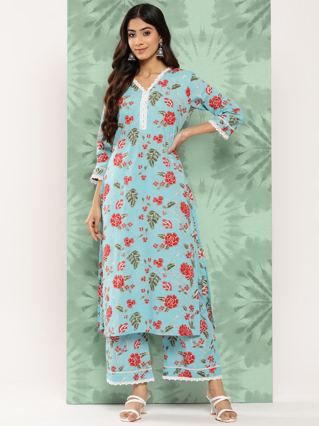 Janasya Women's Sky Blue Cotton Floral Printed Straight Casual Kurta Set | Grocsy