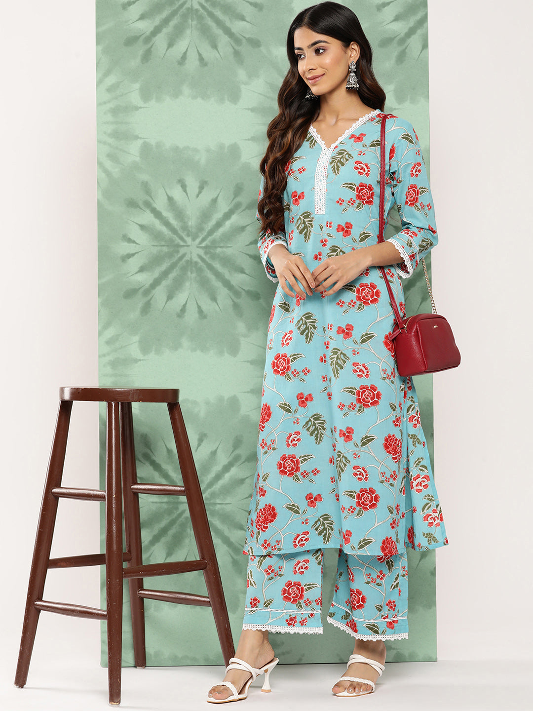Janasya Women's Sky Blue Cotton Floral Printed Straight Casual Kurta Set | Grocsy