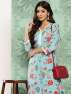 Janasya Women's Sky Blue Cotton Floral Printed Straight Casual Kurta Set | Grocsy