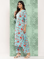 Janasya Women's Sky Blue Cotton Floral Printed Straight Casual Kurta Set | Grocsy